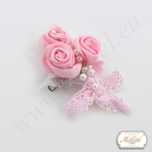 Wedding buttonhole for the groom series Rosa Damascena in pink, white pearls and a pink cotton lace