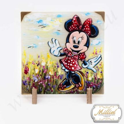 Hand-painted glass card with Minnie Mouse